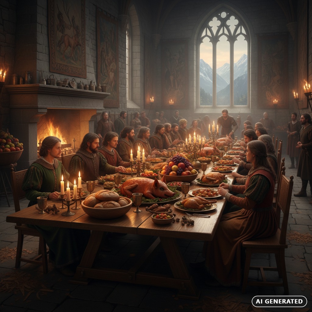 AI Generated: People in medieval attire gather for a large feast at a long wooden table in a stone hall with a fireplace and mountain views.